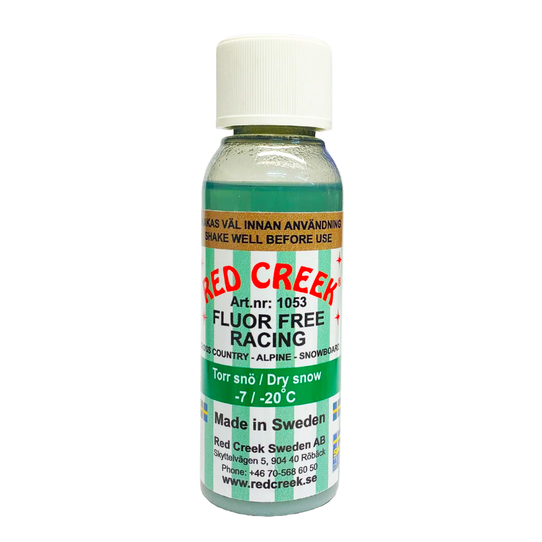 A product picture of the Red Creek Fluoro-Free Racing Green Dry Snow Liquid Glide Wax (-7C/-20C) | 90ml